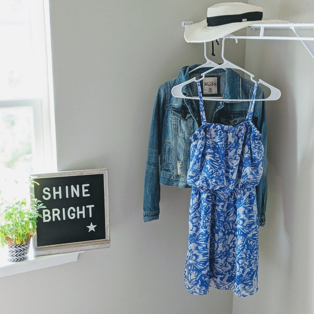 Express Blue White Tropical Print Dress - XS